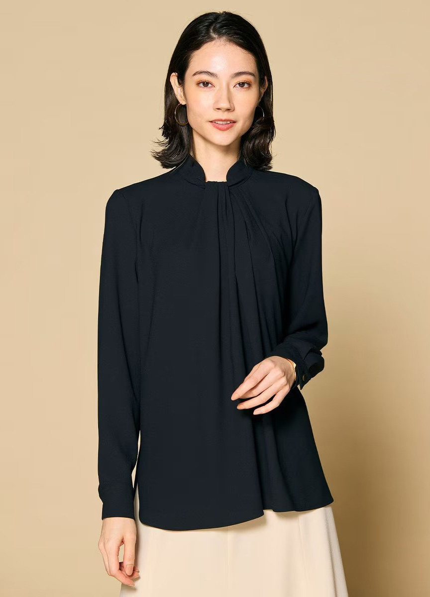 喬其紗扭結立領長袖襯衫